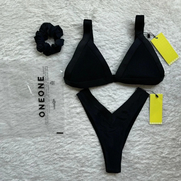 NWT OneOne Swimwear SET Bikini Black New Jesse Kameron Cheeky Noir Ribbed Padded - Picture 3 of 12